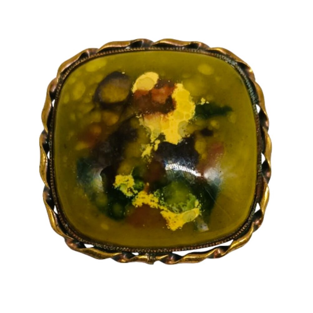 Vtg Floral Glass Brooch & Pendant Green Square Cabochon Pin Jewelry Swirl Trim